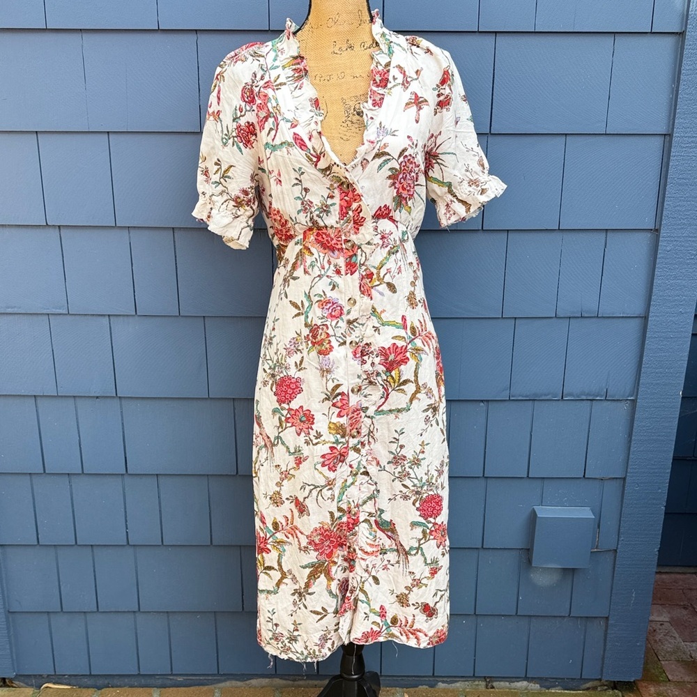 Anthropologie Cream Midi Dress with Pink and Green Floral Print